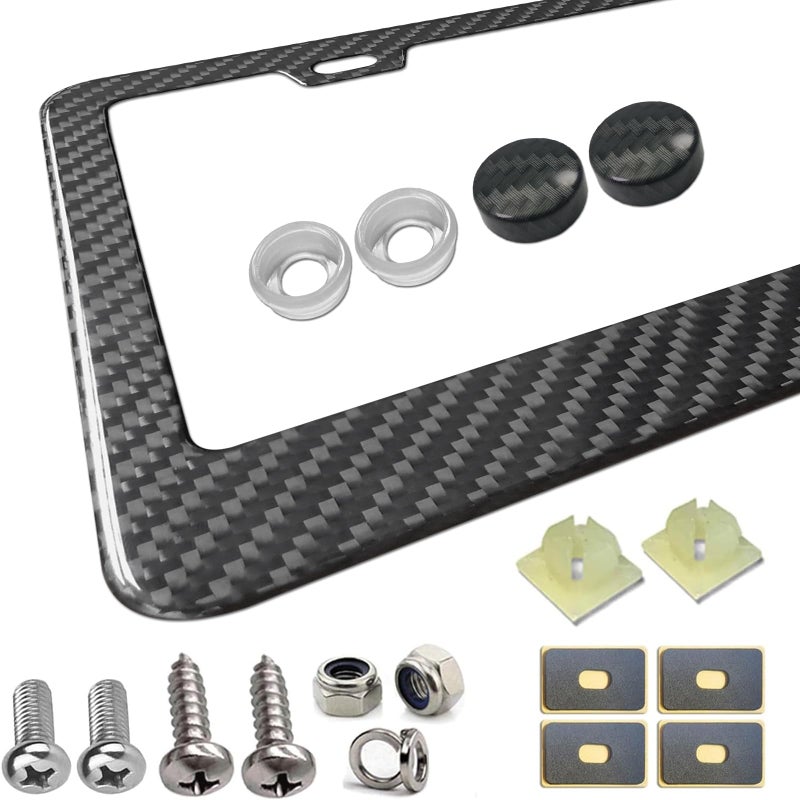 Aootf Carbon Fiber License Plate Frame- Handcrafted of 100% Real Carbon Fiber Cloth Wrap Stainless Steel Frame | Rustproof License Plate Screws with CF Screw Caps | Gloss Black 2 Holes | 1 Pack - Image 1